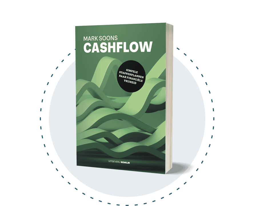 Afbeelding van het boek "Cashflow" van Mark Soons met golvende groene lijnen op de omslag en een zwarte cirkel met de tekst "Simpele stappenplannen naar financiële vrijheid" | Mr Cashflow